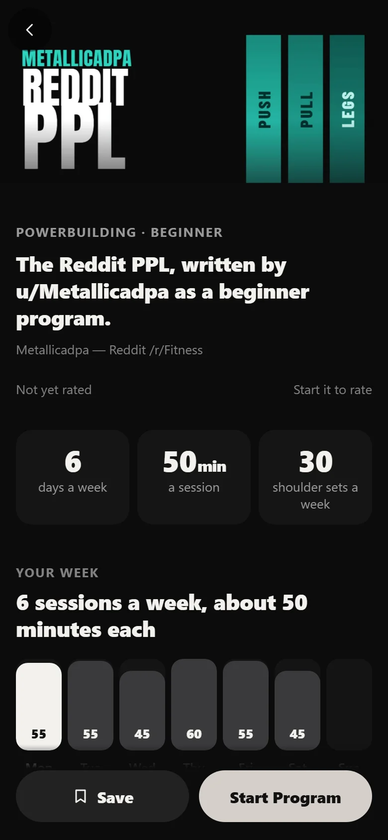 The Metallicadpa PPL program page in Durata: Powerbuilding, Beginner, six days a week at about 50 minutes