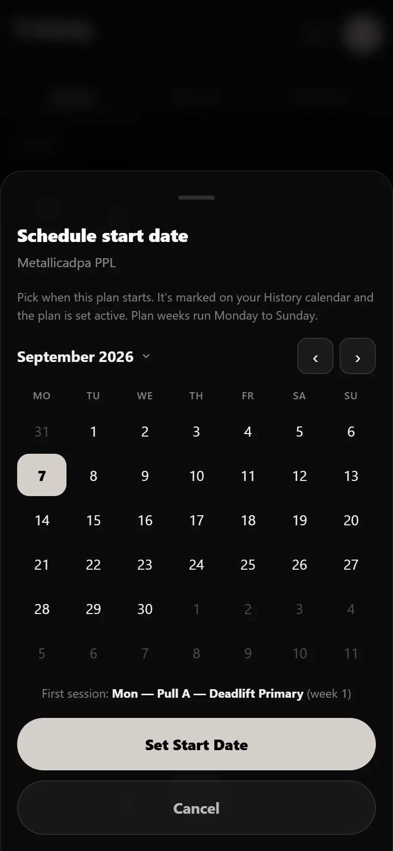 Choosing a start date for Metallicadpa PPL in Durata, with the first session shown as Monday, Pull A