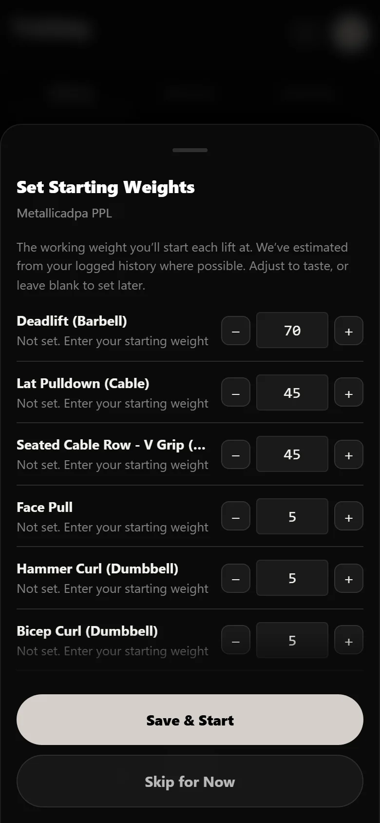 Setting starting weights for Metallicadpa PPL in Durata, with the deadlift at 70 kg