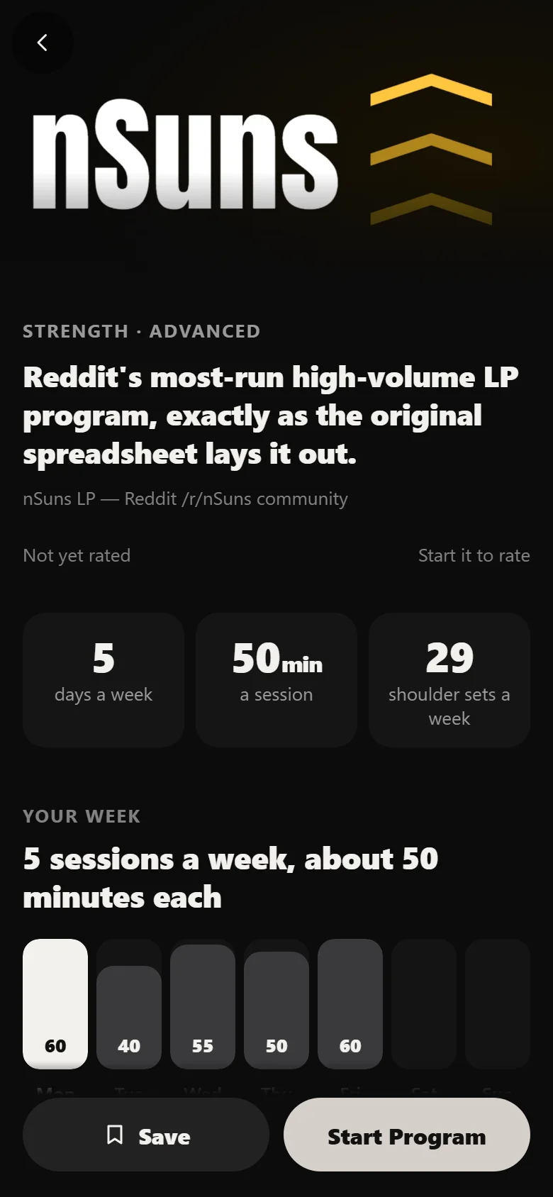 Durata program page for nSuns LP showing the schedule and progression rule