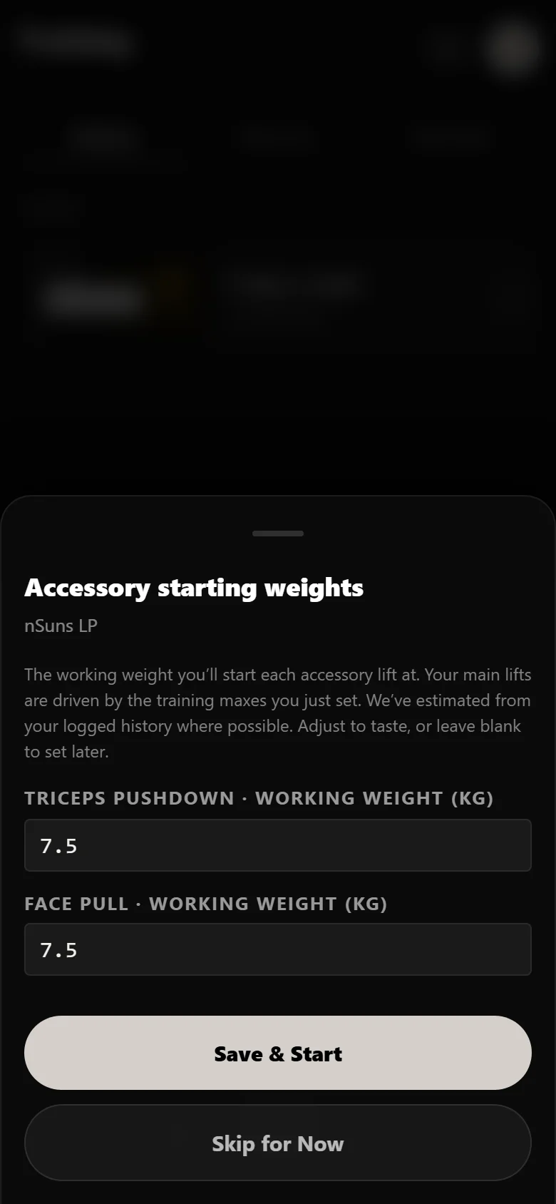 Durata starting-weights sheet for the nSuns accessories