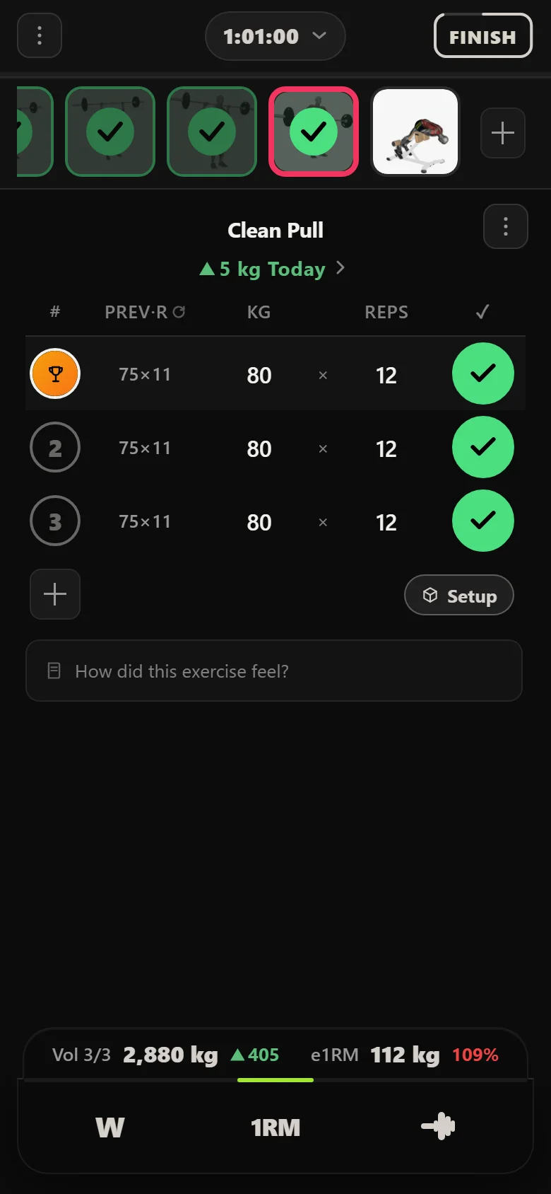 A double-progression accessory in Durata showing its hit four reps then add 5 kg rule