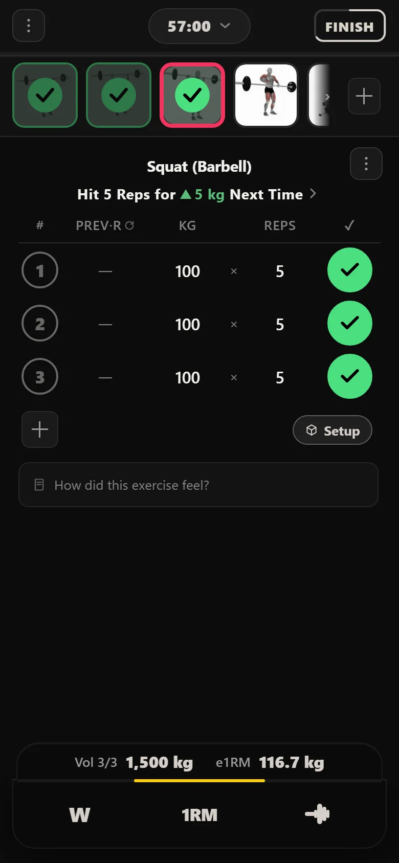 The back squat at 100 kg in Durata with its progression rule chip showing
