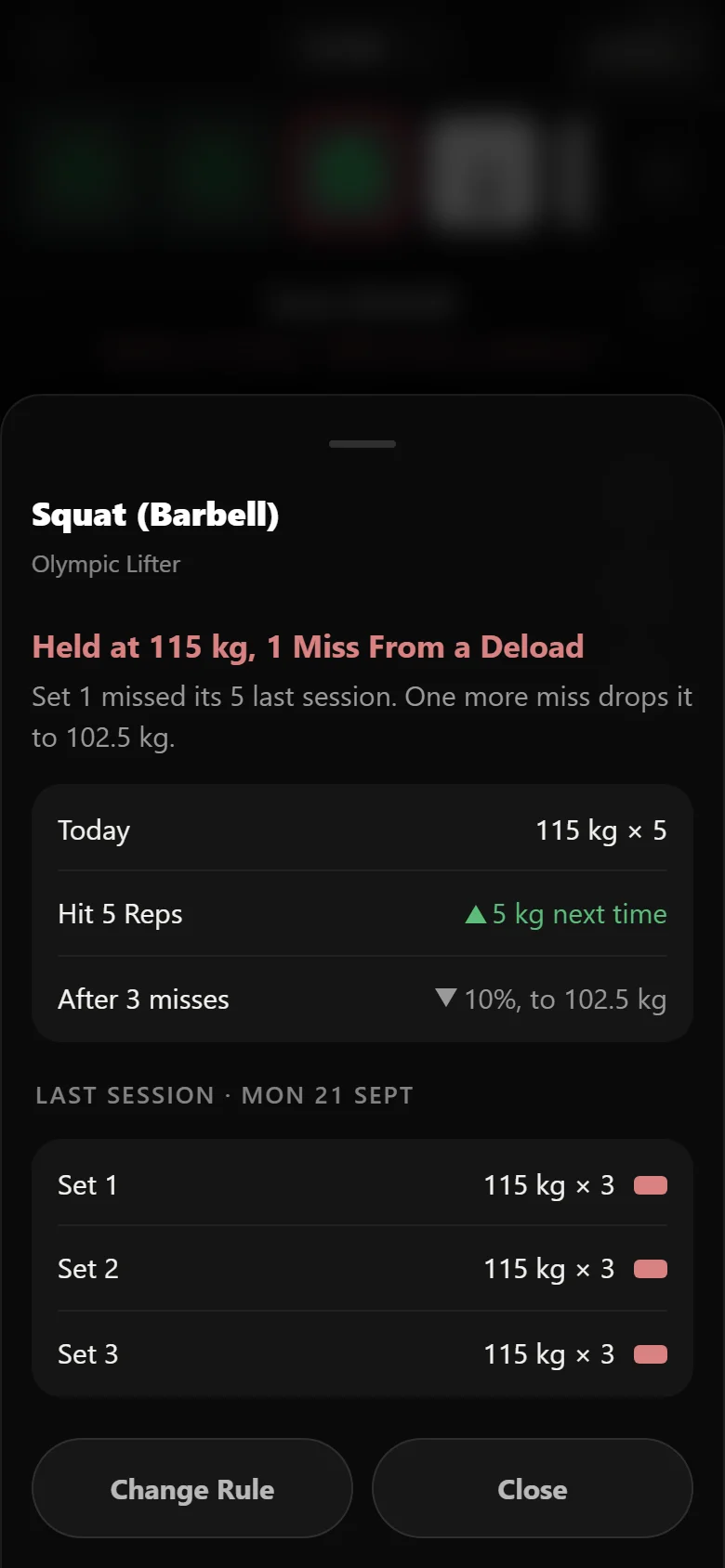Durata explaining why the back squat is about to deload, showing the slot's own history against the rule