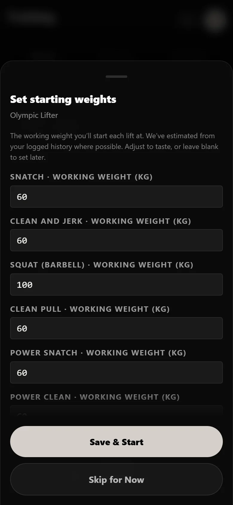 Setting starting working weights for an Olympic weightlifting program in Durata
