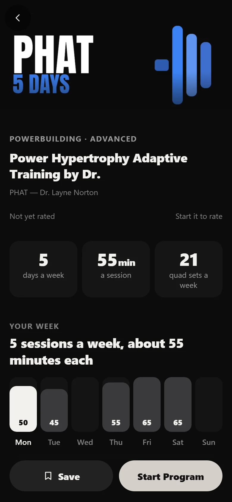The PHAT program page in Durata showing the weekly schedule