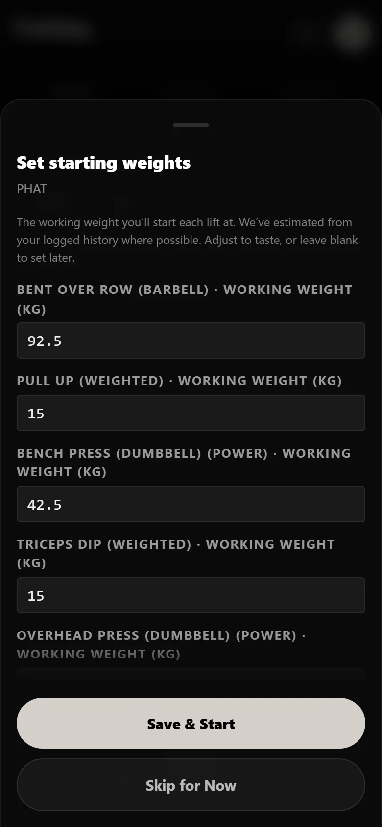 Setting starting weights when beginning PHAT in Durata