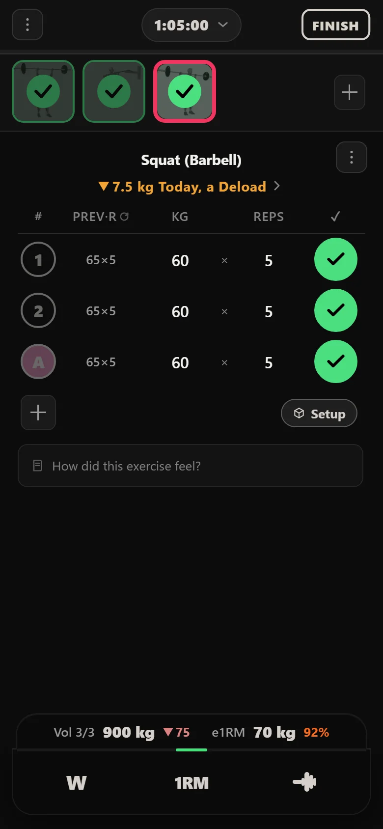Squat (Barbell) deloaded 10% in Durata after two missed sessions