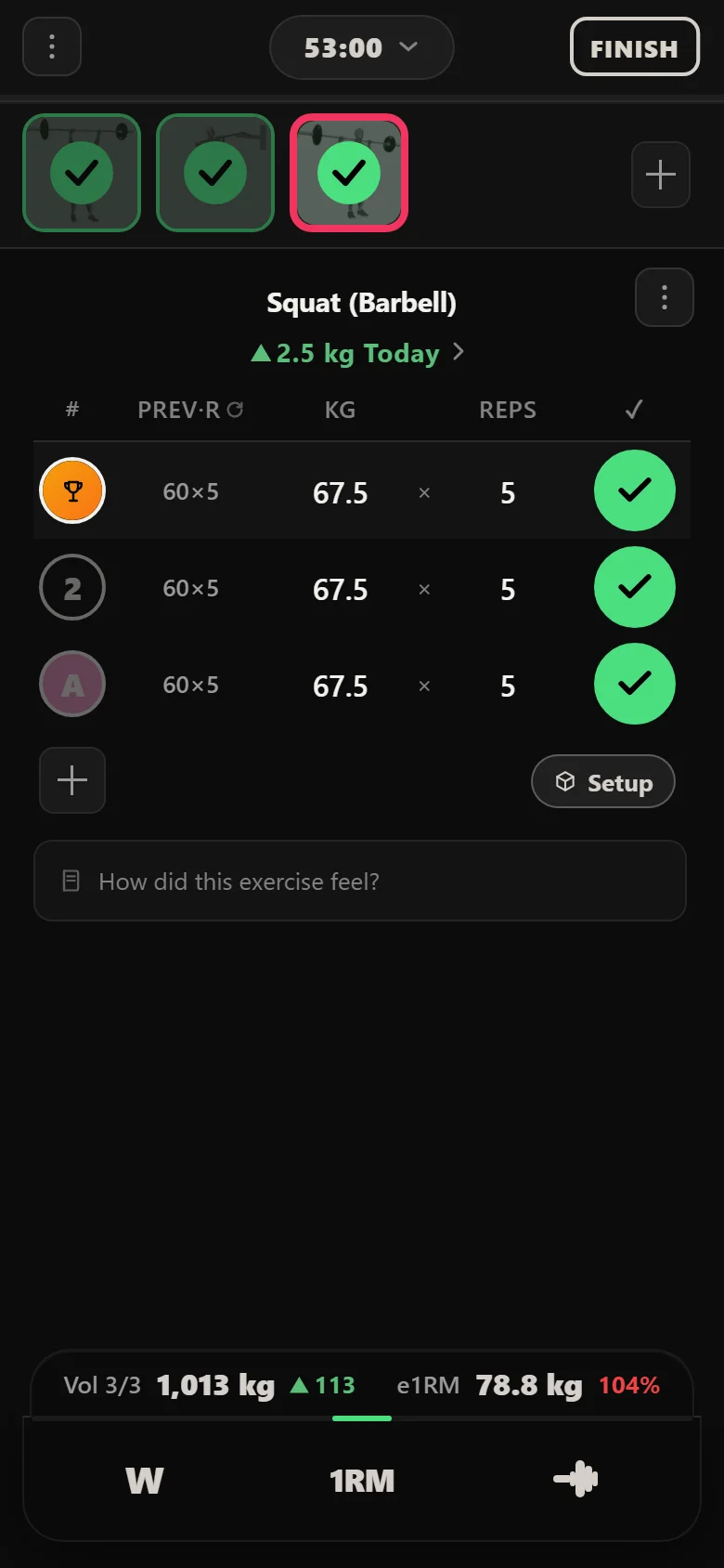 Durata logger: Squat (Barbell) at 67.5 kg