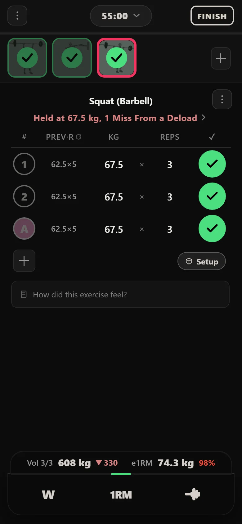A missed Squat (Barbell) session in Durata at 67.5 kg