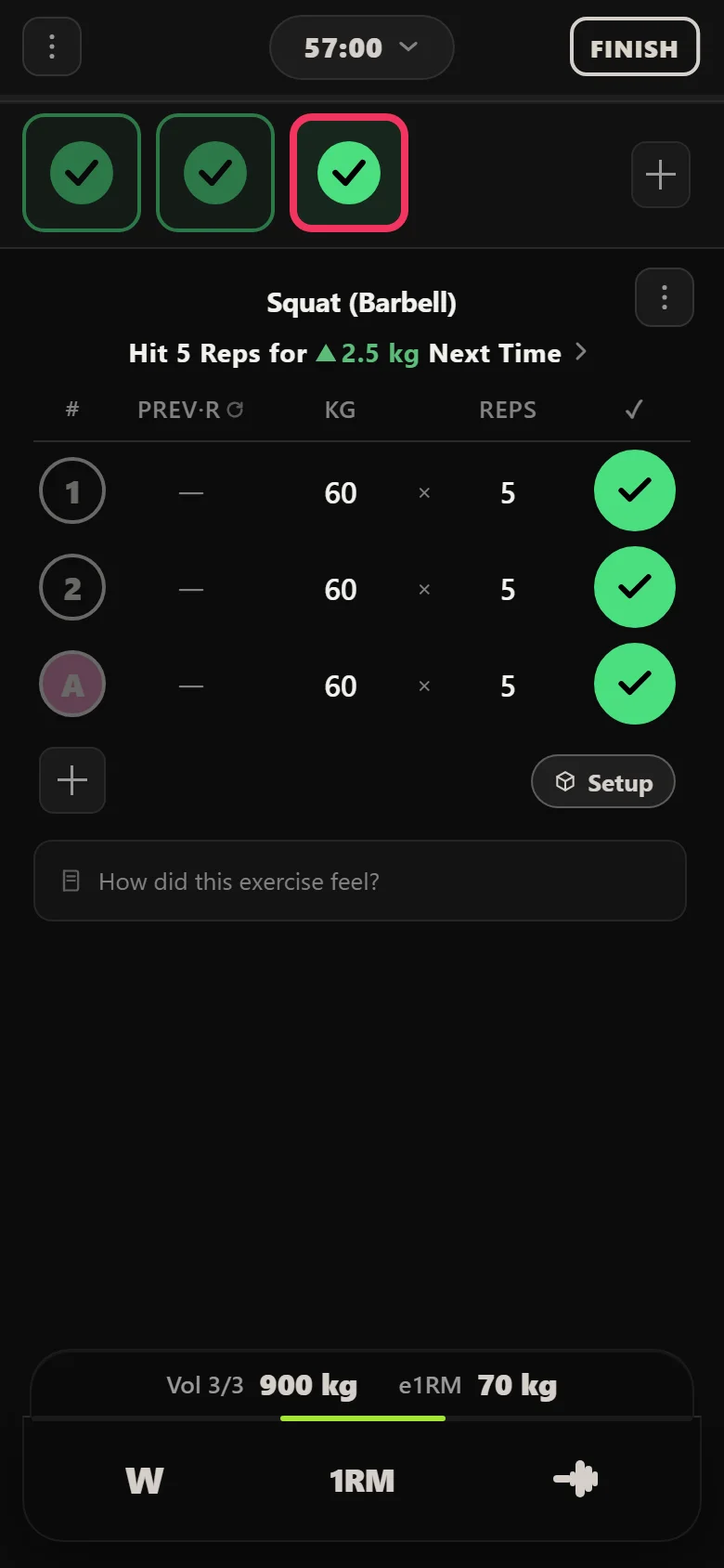 Durata logger: Squat (Barbell) at 60 kg