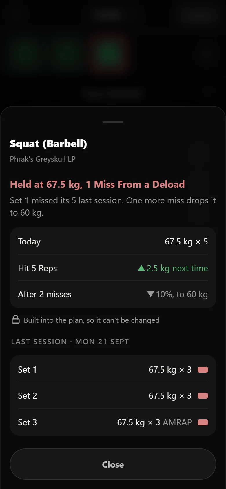 Durata's rule explainer for the squat (barbell) after a missed session