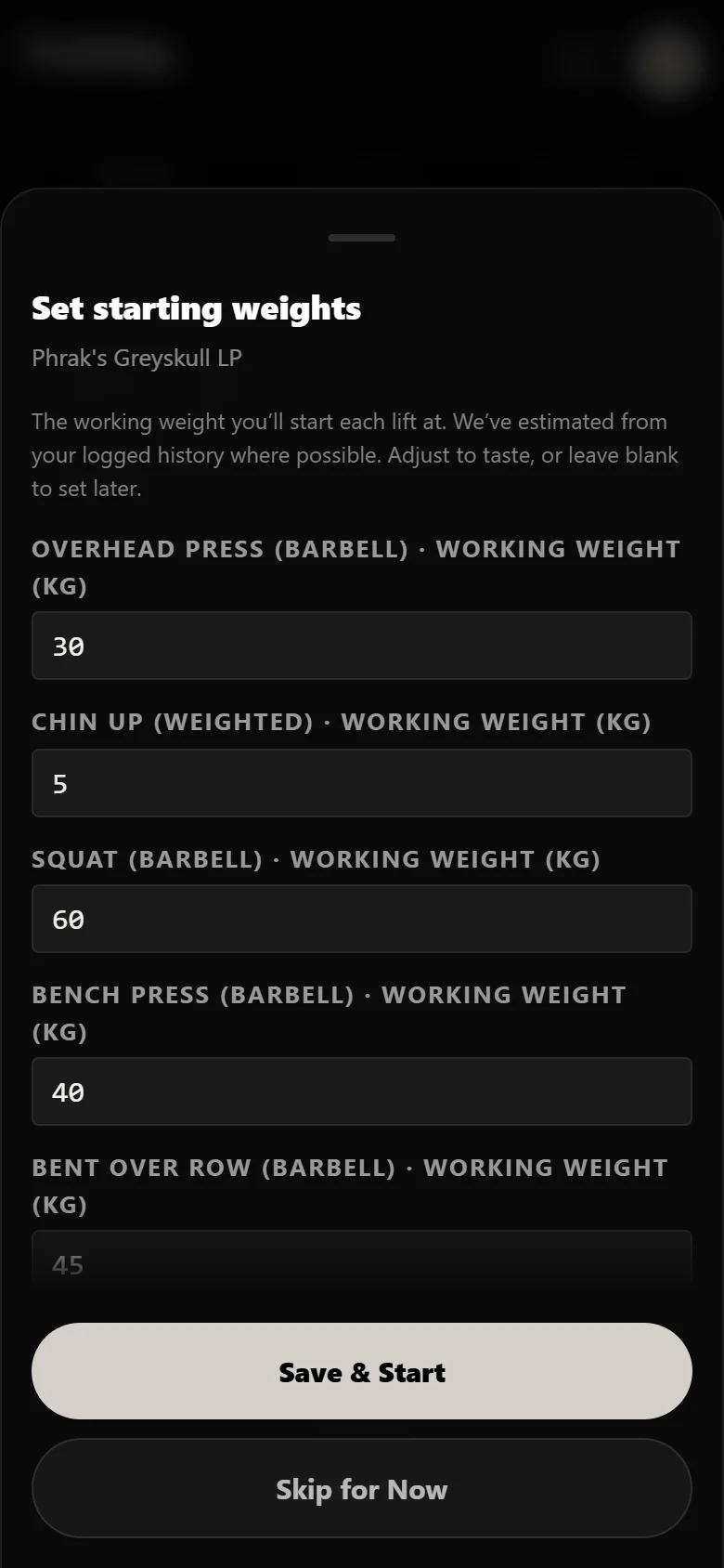 Setting starting weights per lift when beginning Phrak's Greyskull LP in Durata