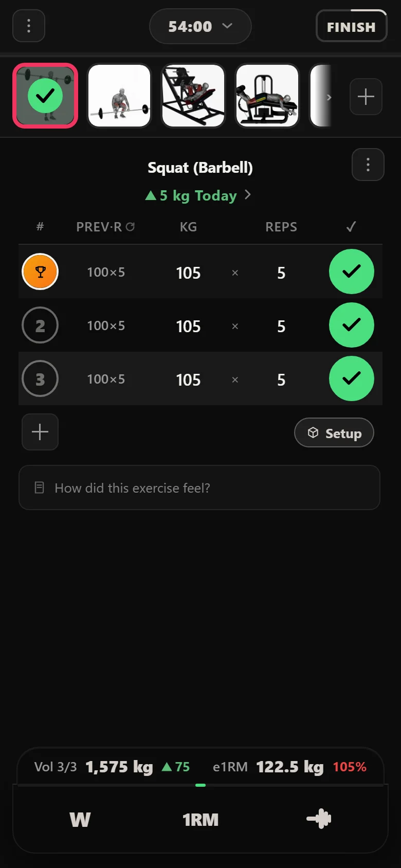 PHUL squat at 105 kg in Durata with the previous session's 100 kg alongside
