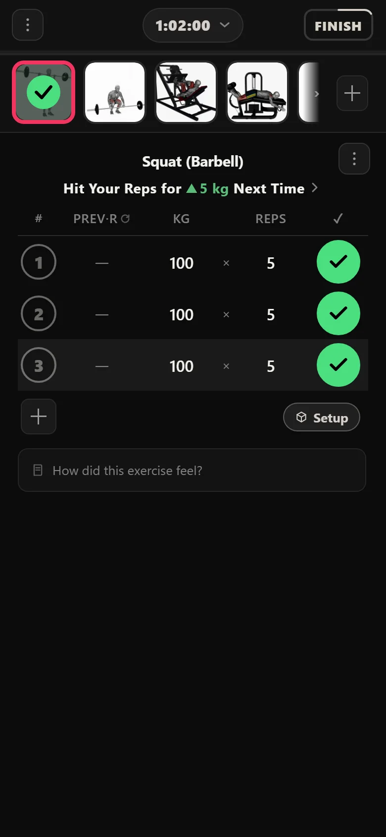 PHUL Lower Power squat in Durata at 100 kg for 3 to 5 reps