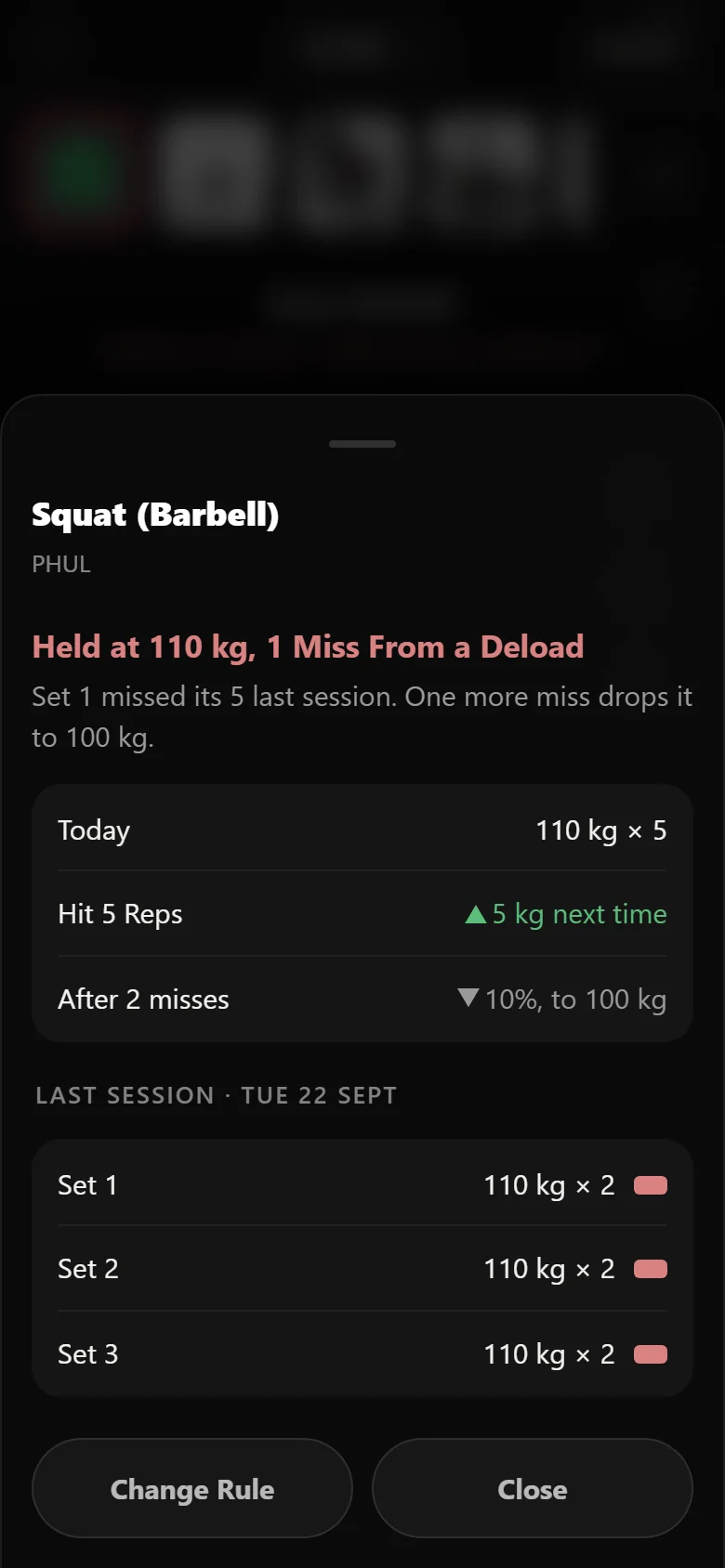 Durata why-sheet showing the evidence for holding the squat at 110 kg