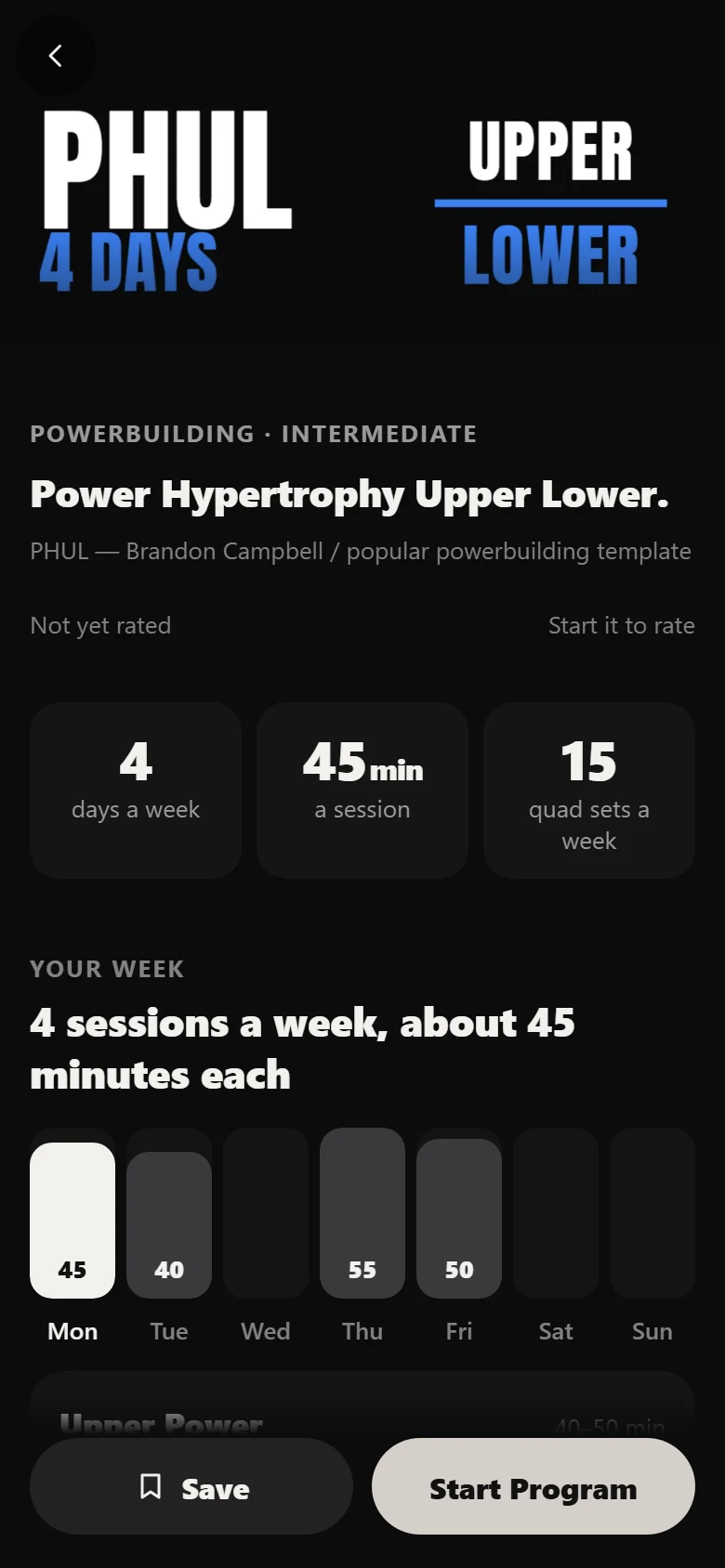 The PHUL program page in Durata showing the four-day split