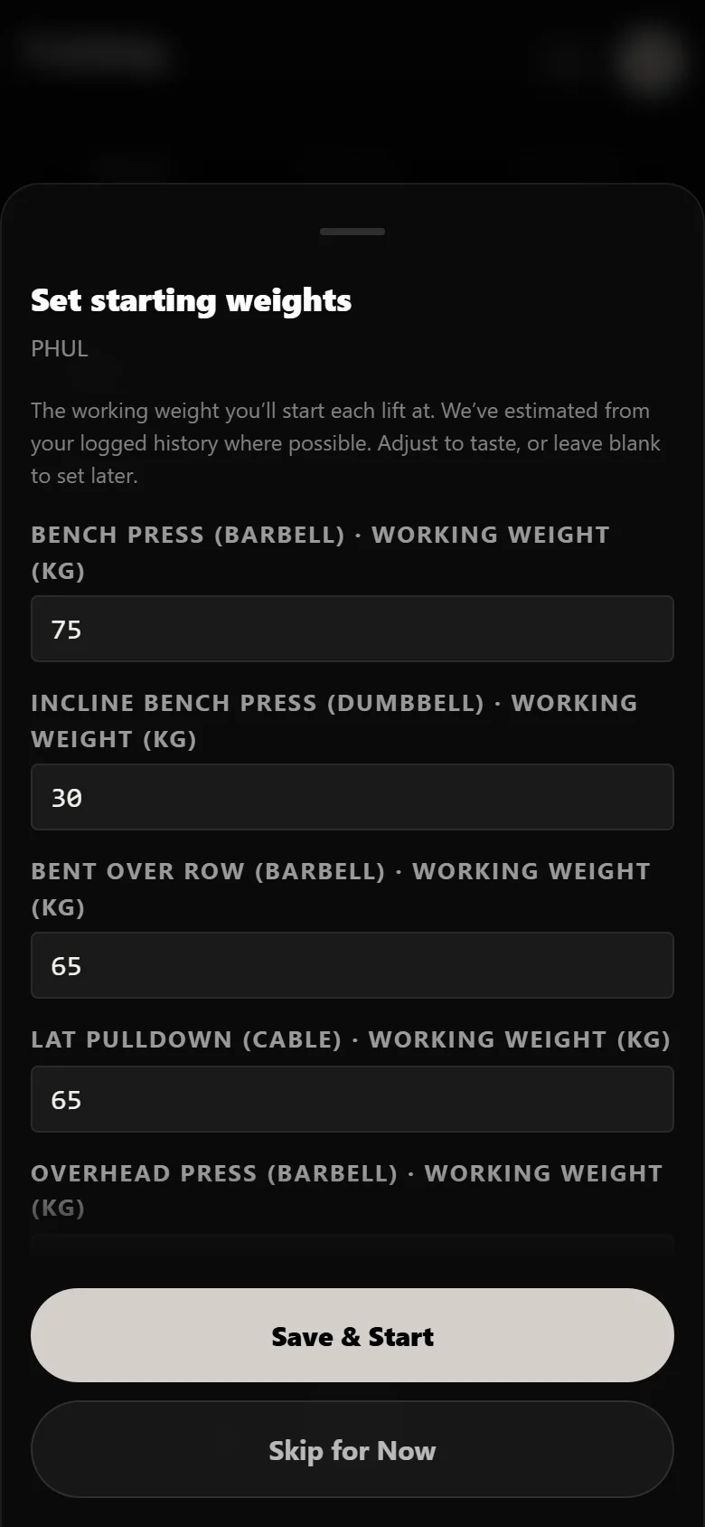 Setting starting working weights when beginning PHUL in Durata
