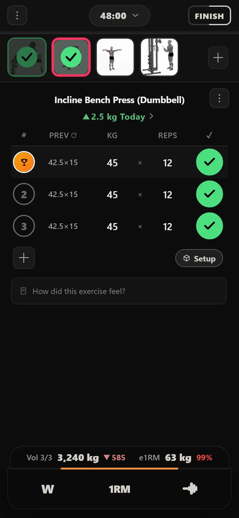 Durata logger showing the incline dumbbell bench bumped to 45 kg