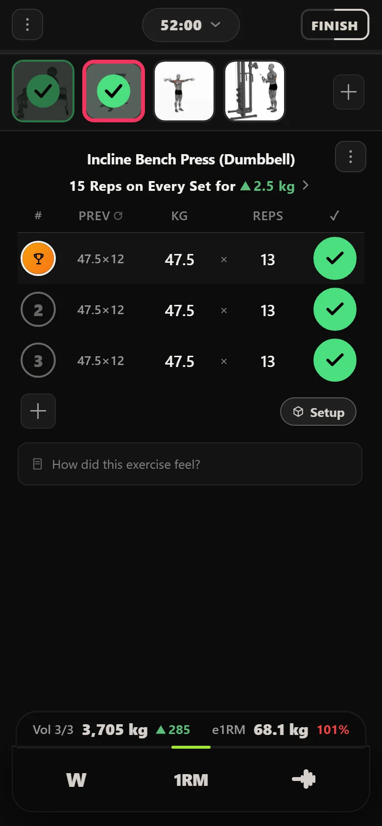 Durata logger: incline dumbbell bench at 47.5 kg