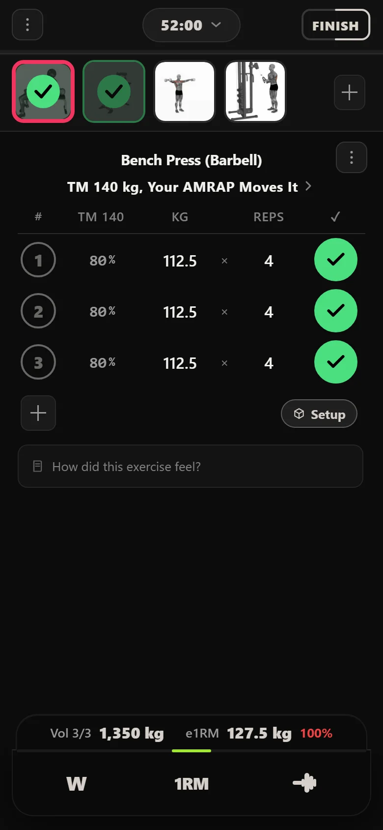 Durata logger showing the barbell bench still at 112.5 kg in week 10 of Physique Peak