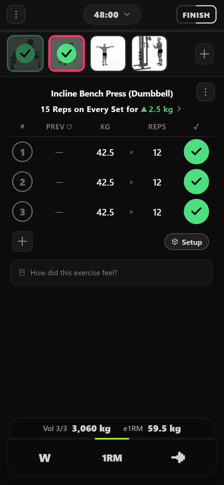 Durata logger showing the incline dumbbell bench at 42.5 kg for 12 reps