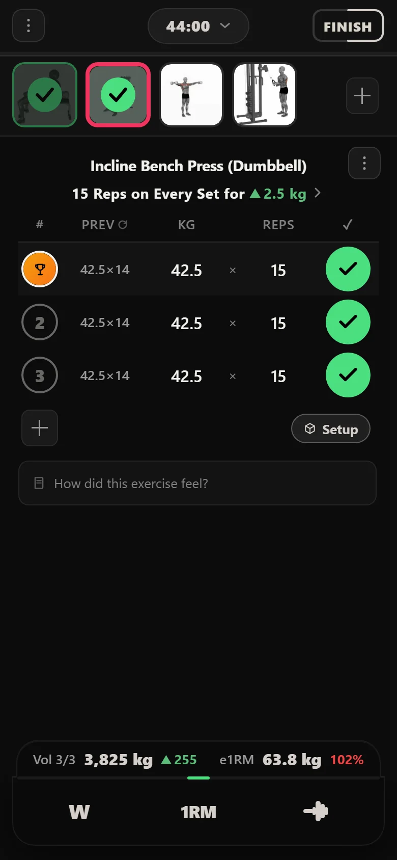 Durata logger showing 15 reps on every set at 42.5 kg