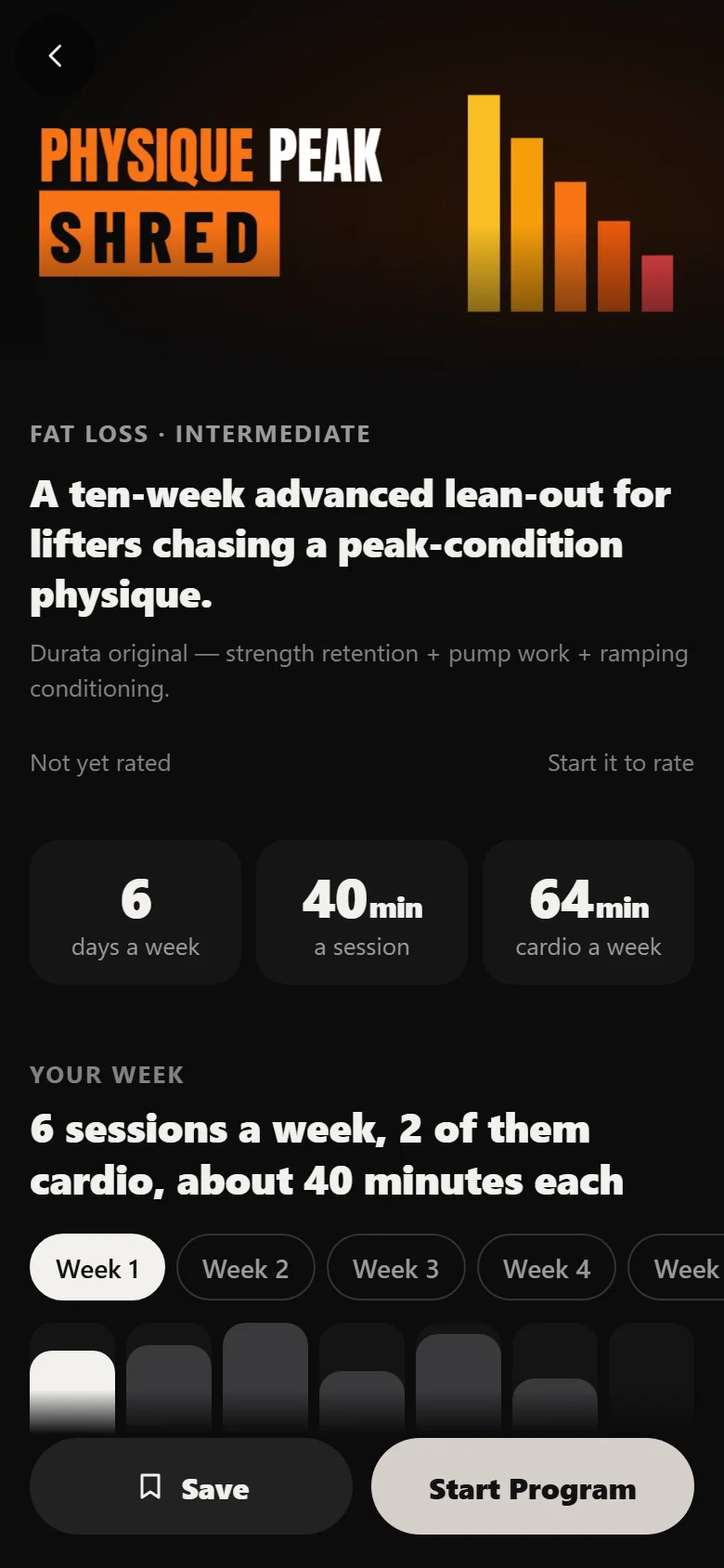The Physique Peak program page in Durata showing the weekly schedule