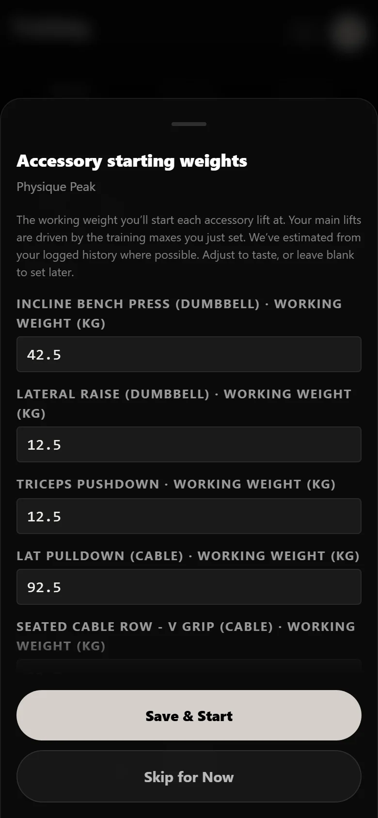 Setting starting working weights when beginning Physique Peak in Durata