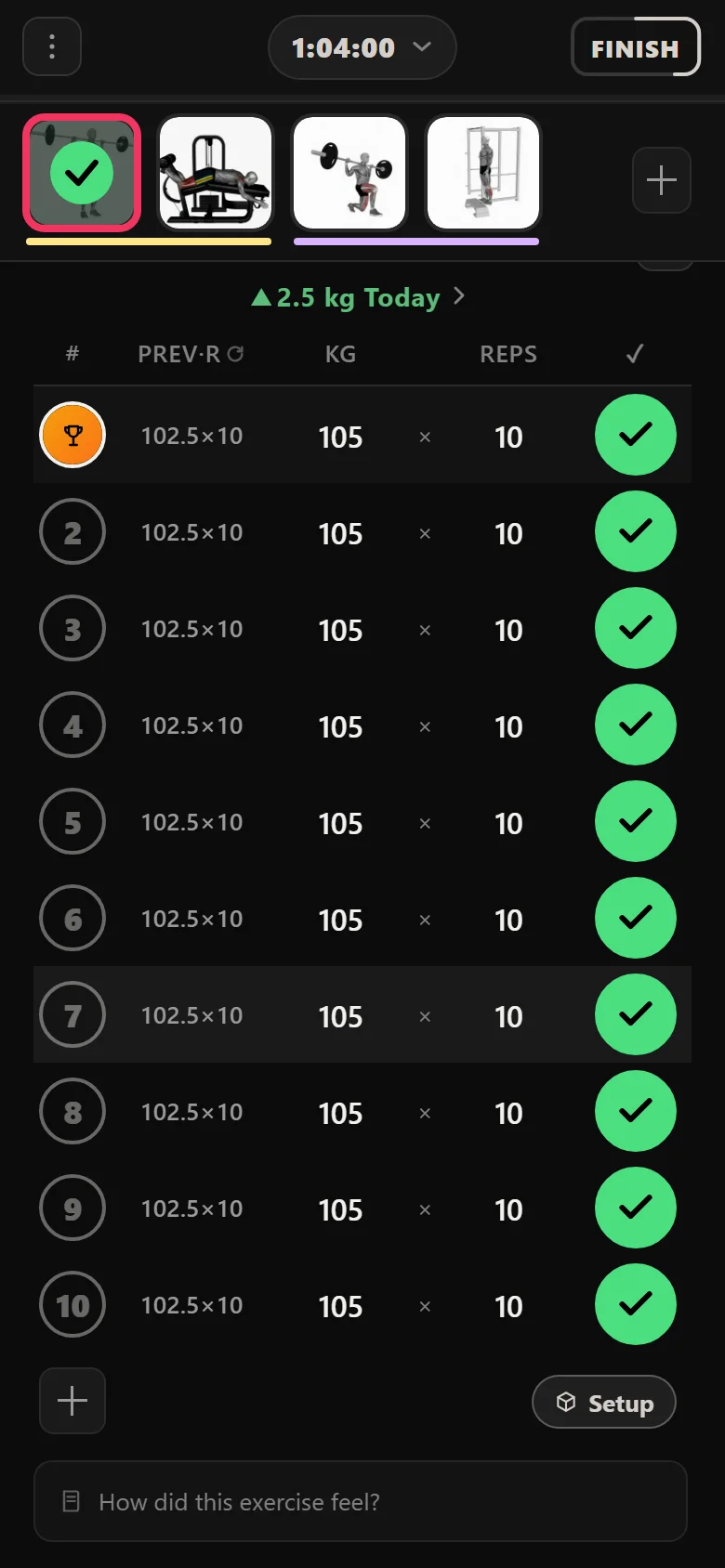Squat (Barbell) at 105 kg in Durata, mid-block on German Volume Training