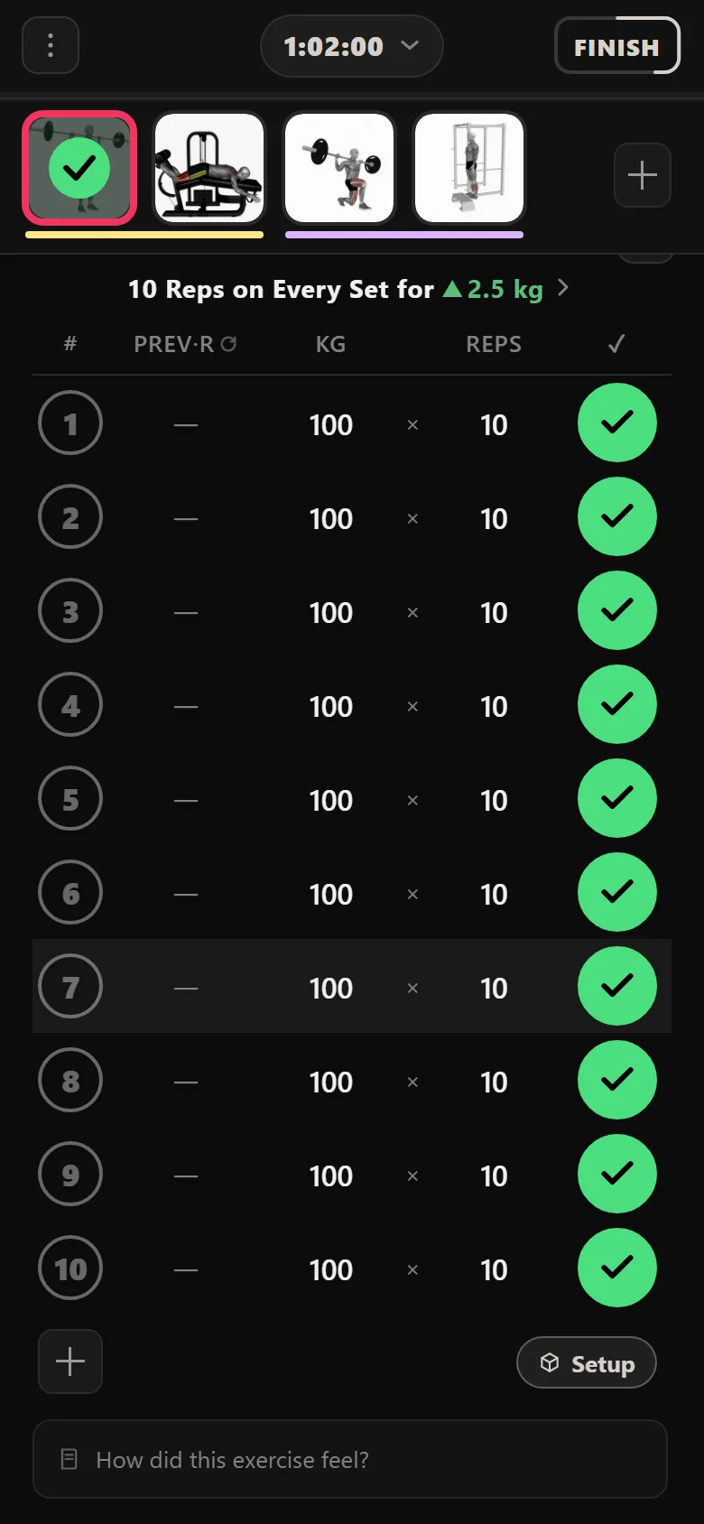 Squat (Barbell) at 100 kg in Durata with ten sets of ten prescribed
