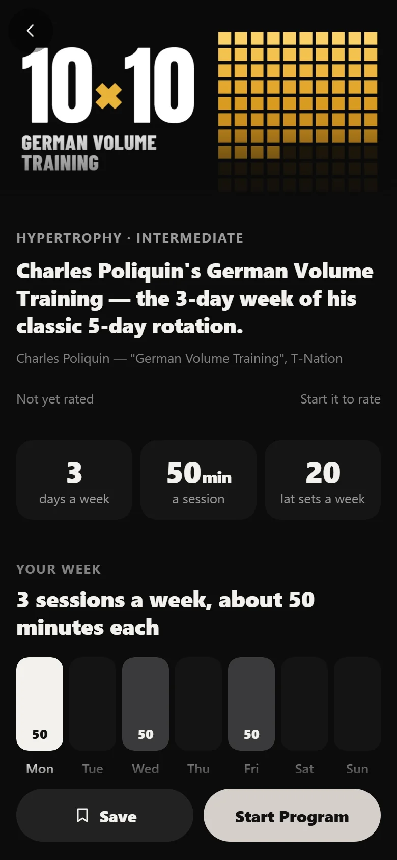 German Volume Training program detail screen in Durata