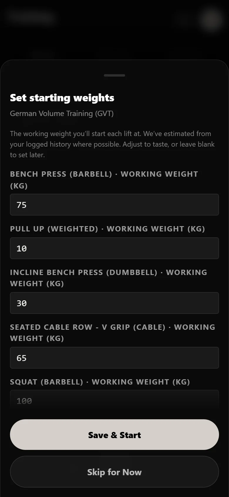 Setting working weights when starting German Volume Training in Durata