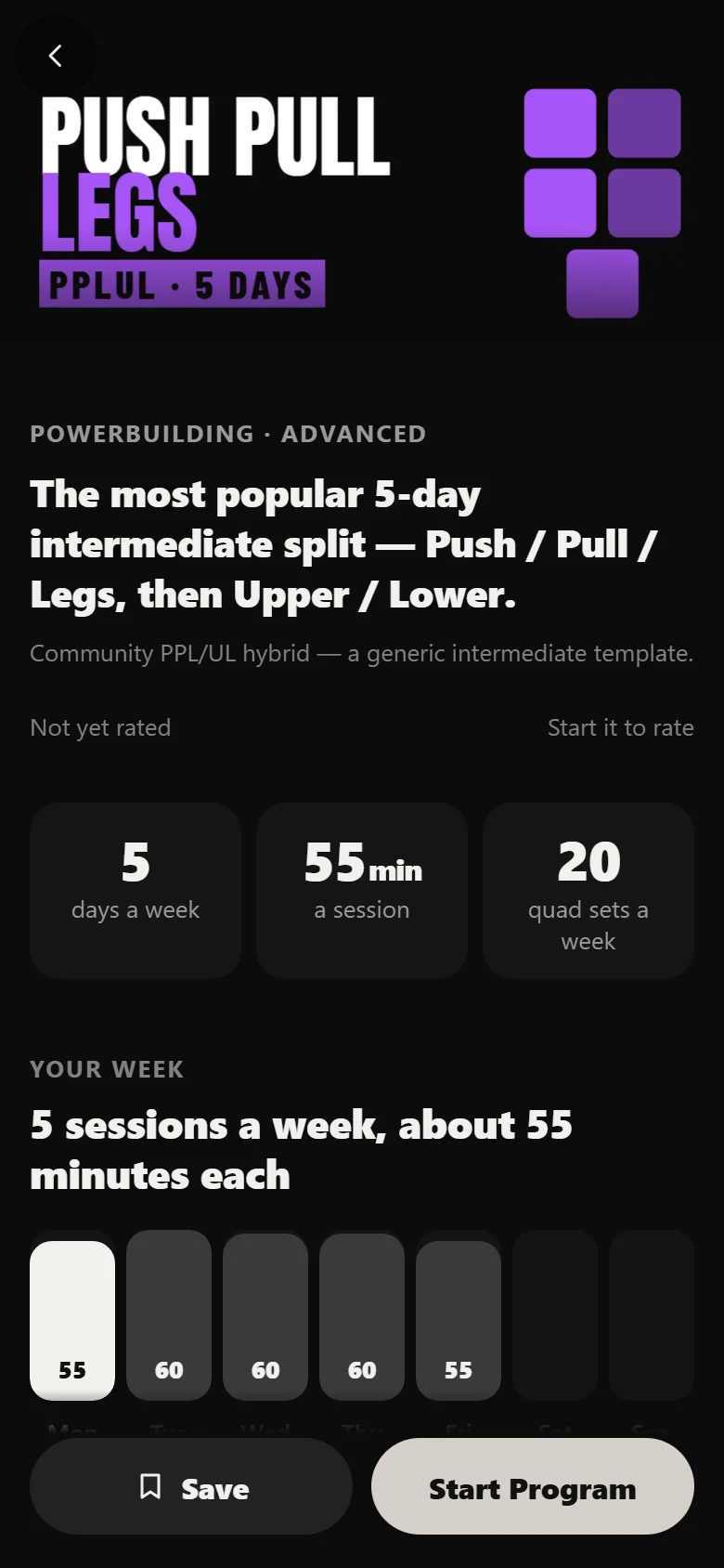 The Push Pull Legs Upper Lower program page in Durata showing the five-day split