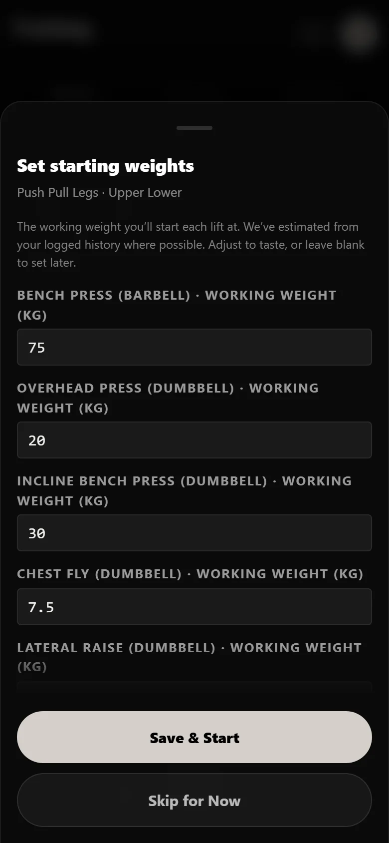 Setting starting working weights when beginning the five-day split in Durata