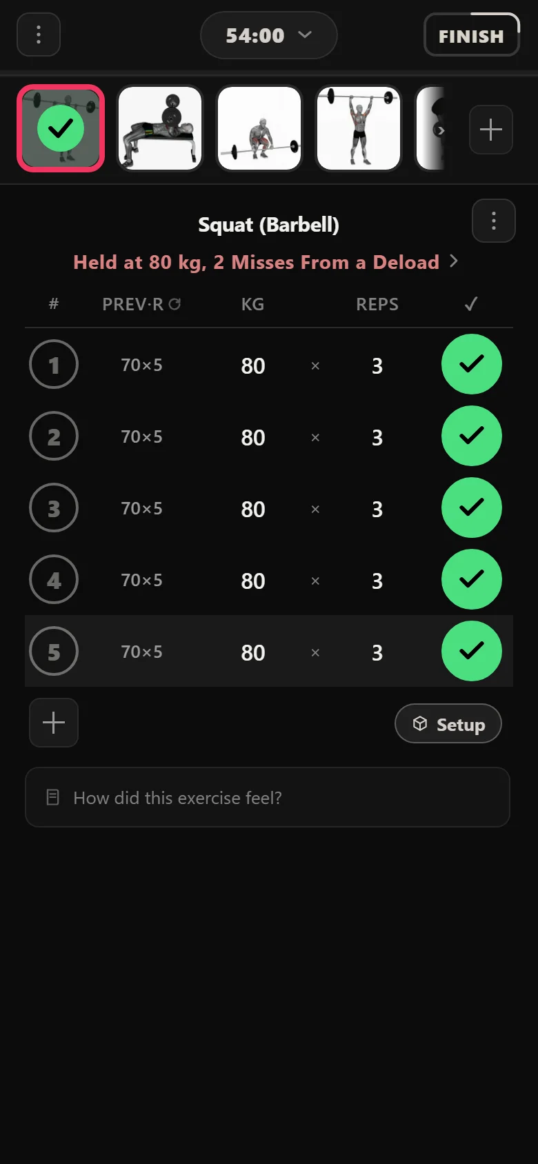 Reg Park 5x5 squat at 80 kg in Durata with only 3 reps on a working set