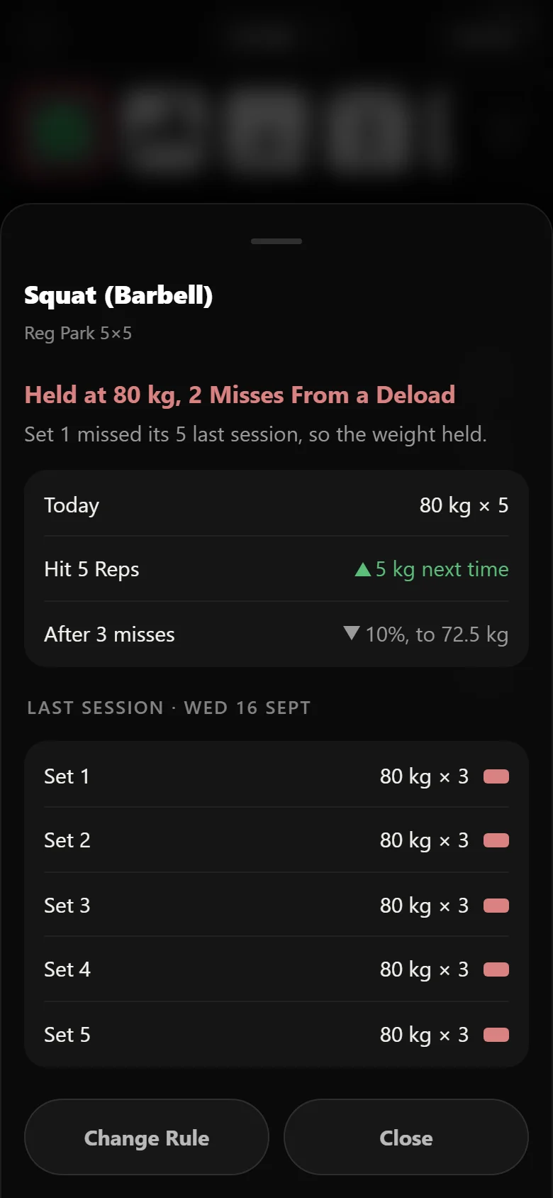 Durata why-sheet showing the evidence for holding the Reg Park squat at 80 kg