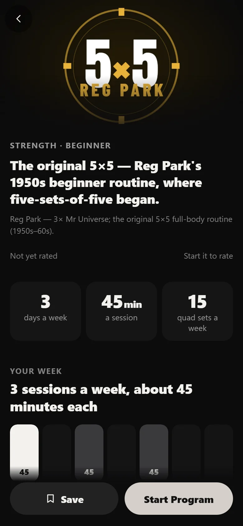 The Reg Park 5x5 program page in Durata