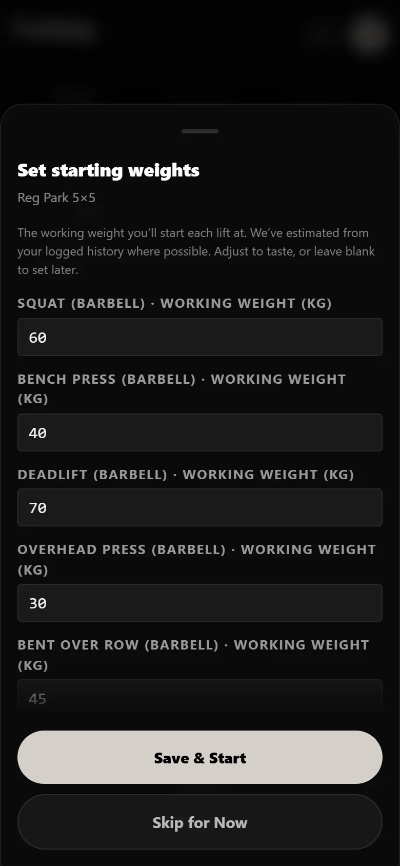 Setting starting working weights when beginning Reg Park 5x5 in Durata