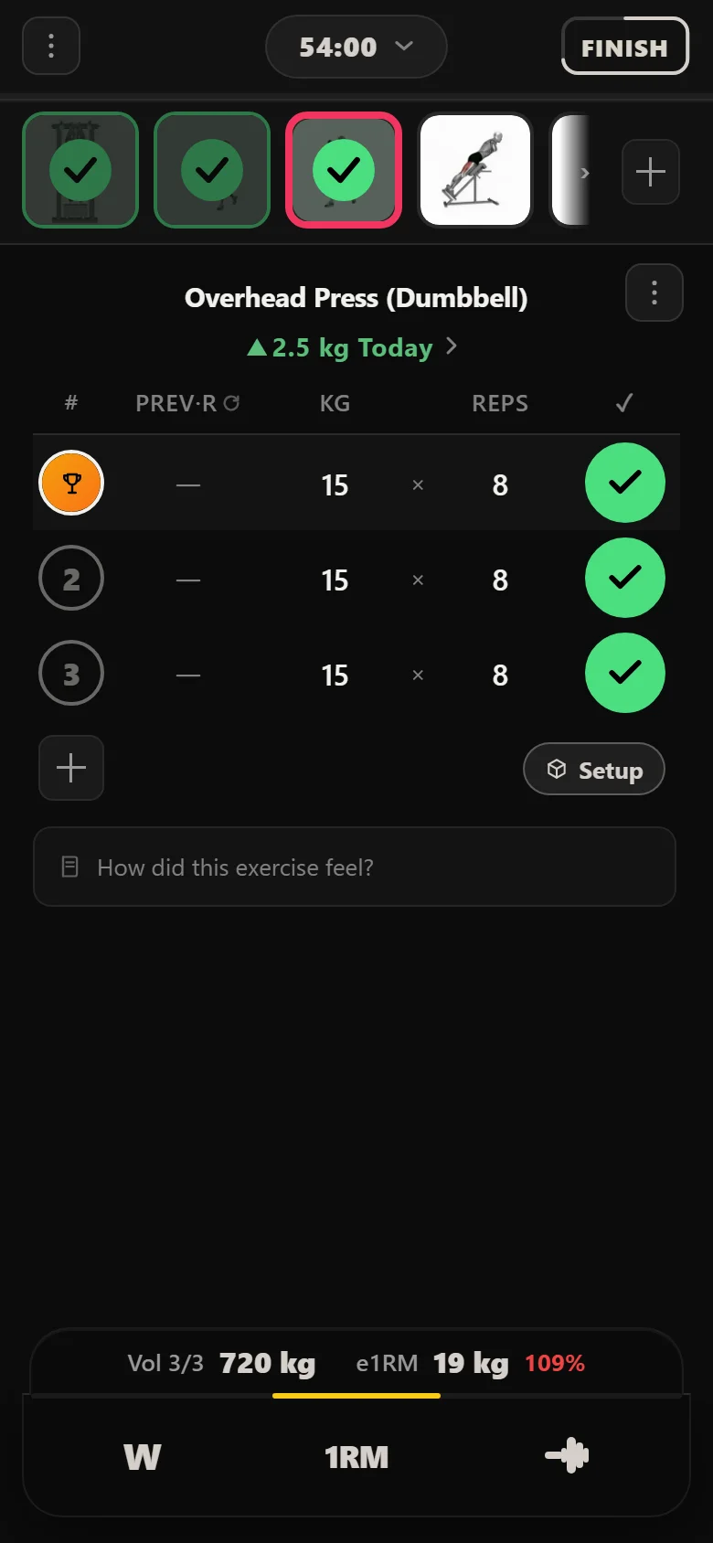Durata logger: the overhead press at 15 kg for 8 reps after the increment