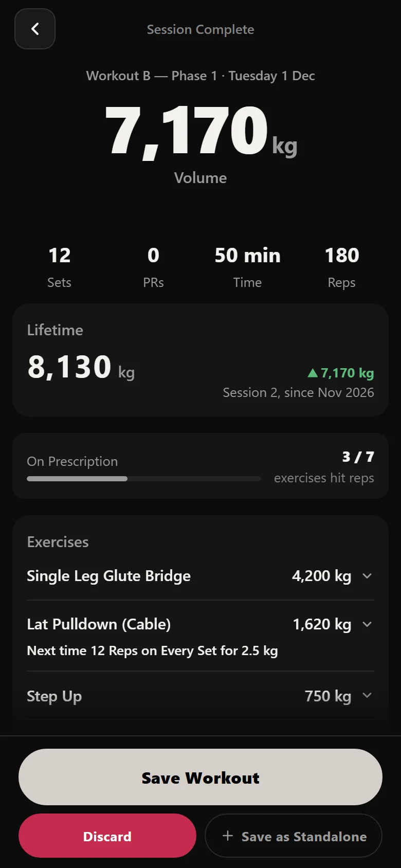 Durata session summary before saving, showing sets, reps and session volume