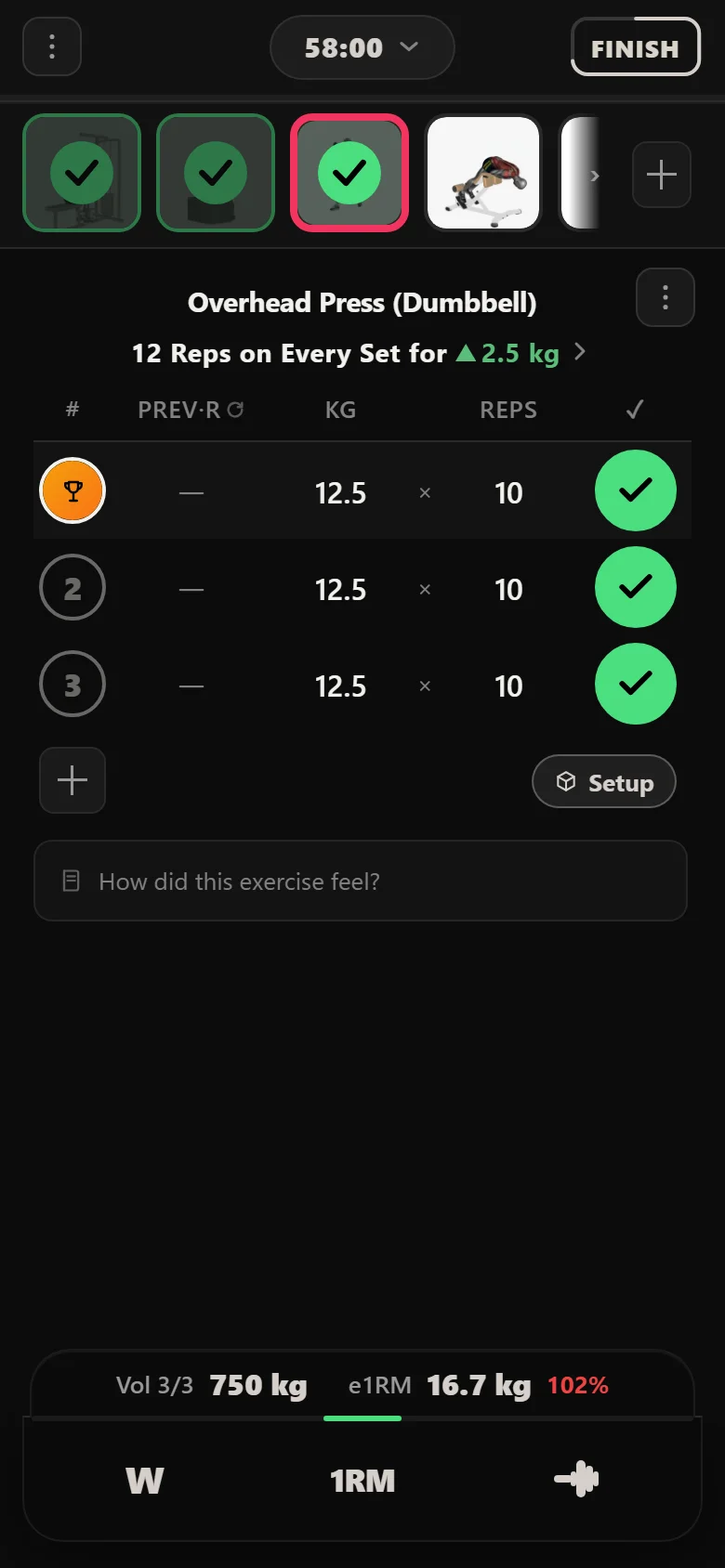 Durata logger: the overhead press still at 12.5 kg, now for 10 reps