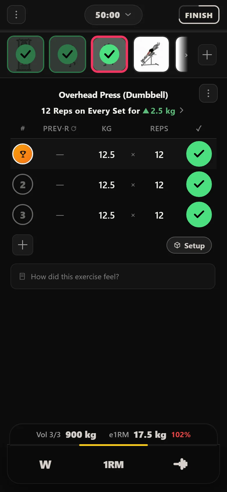 Durata logger: all three overhead press sets at 12.5 kg for 12 reps