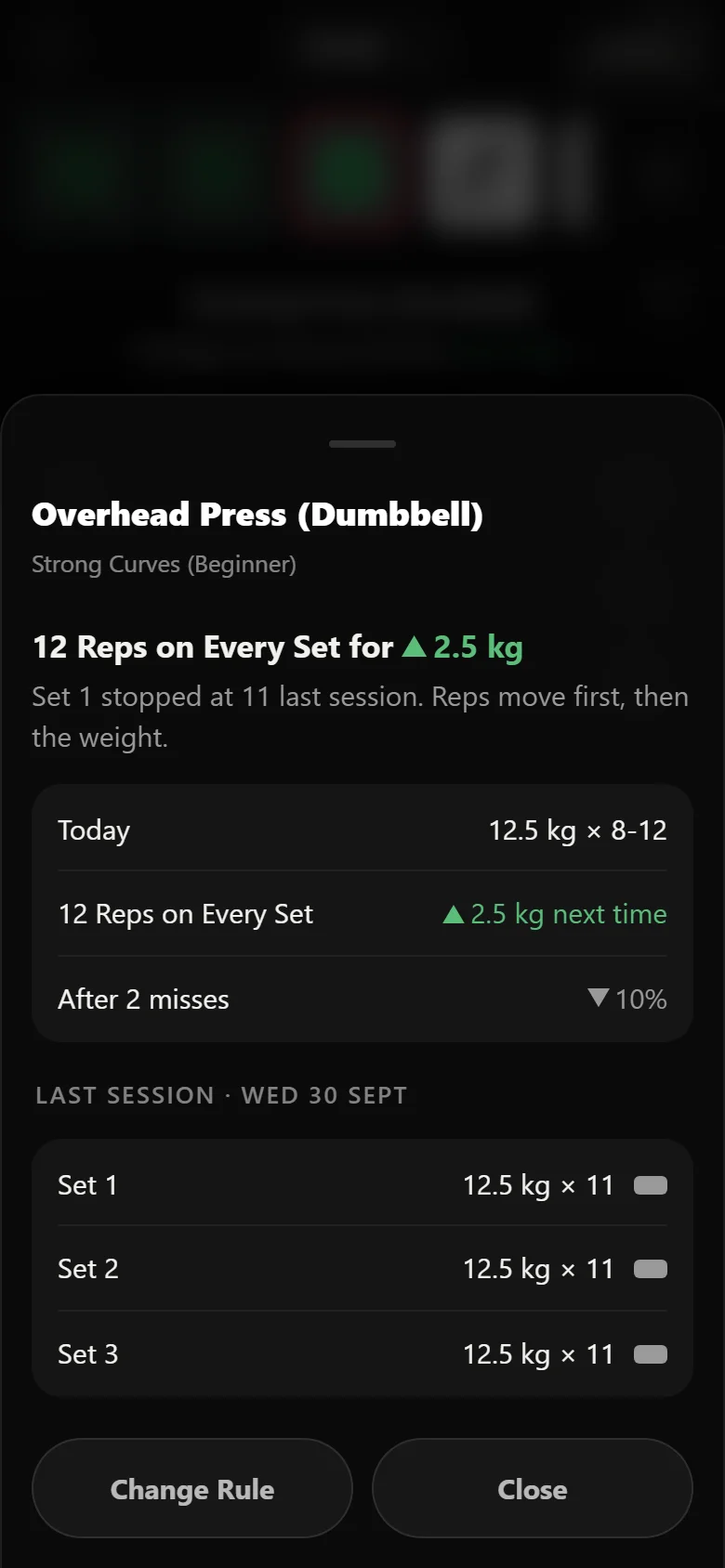 Durata progression sheet for the overhead press, showing last session's sets and the double progression rule