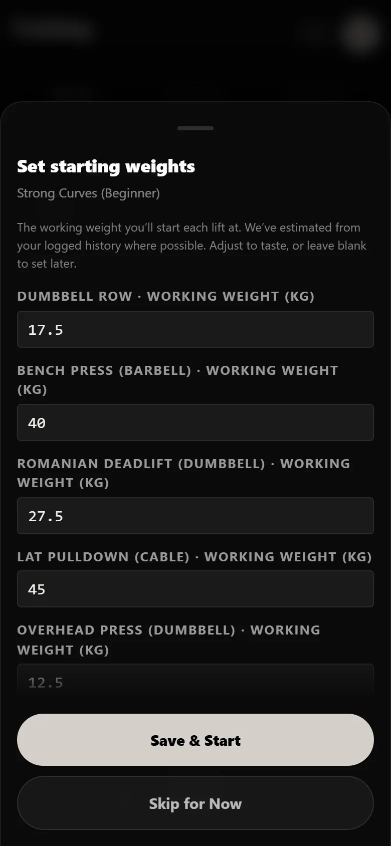 Setting starting weights when beginning Strong Curves (Beginner) in Durata
