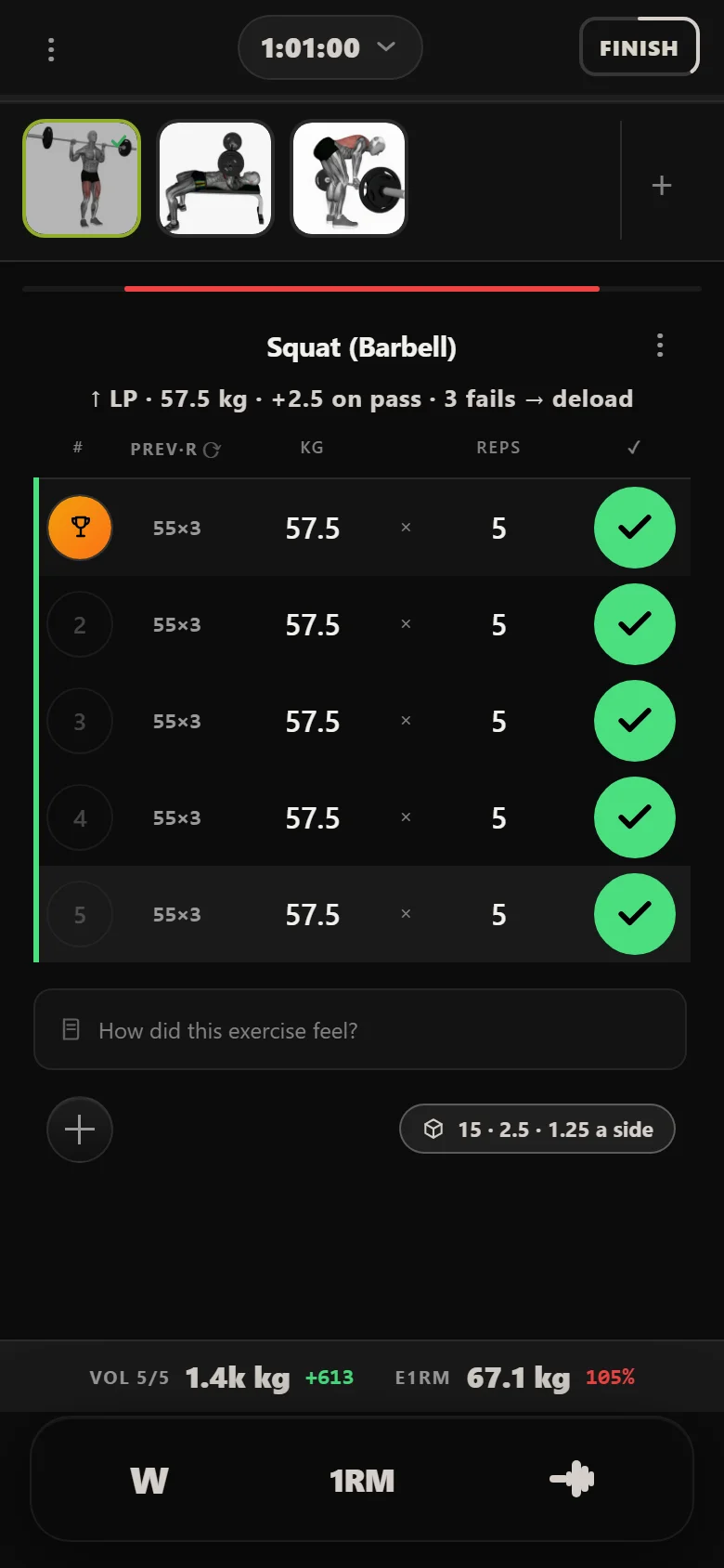 Novice 5x5 squat at 57.5 kg, above the 55 kg that previously stalled
