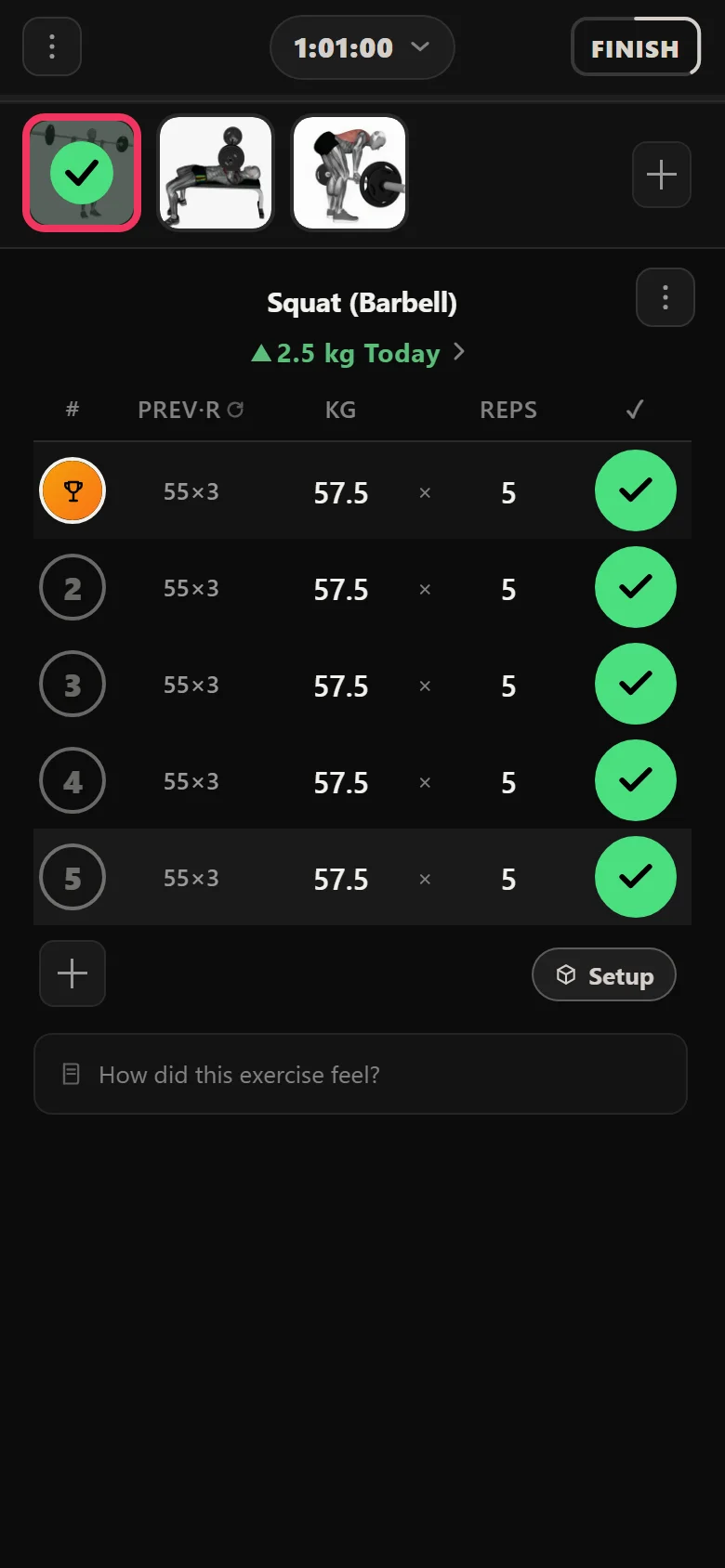 Novice 5x5 squat at 57.5 kg, above the 55 kg that previously stalled