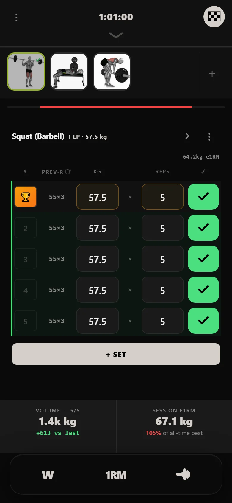 Novice 5x5 squat at 57.5 kg, above the 55 kg that previously stalled