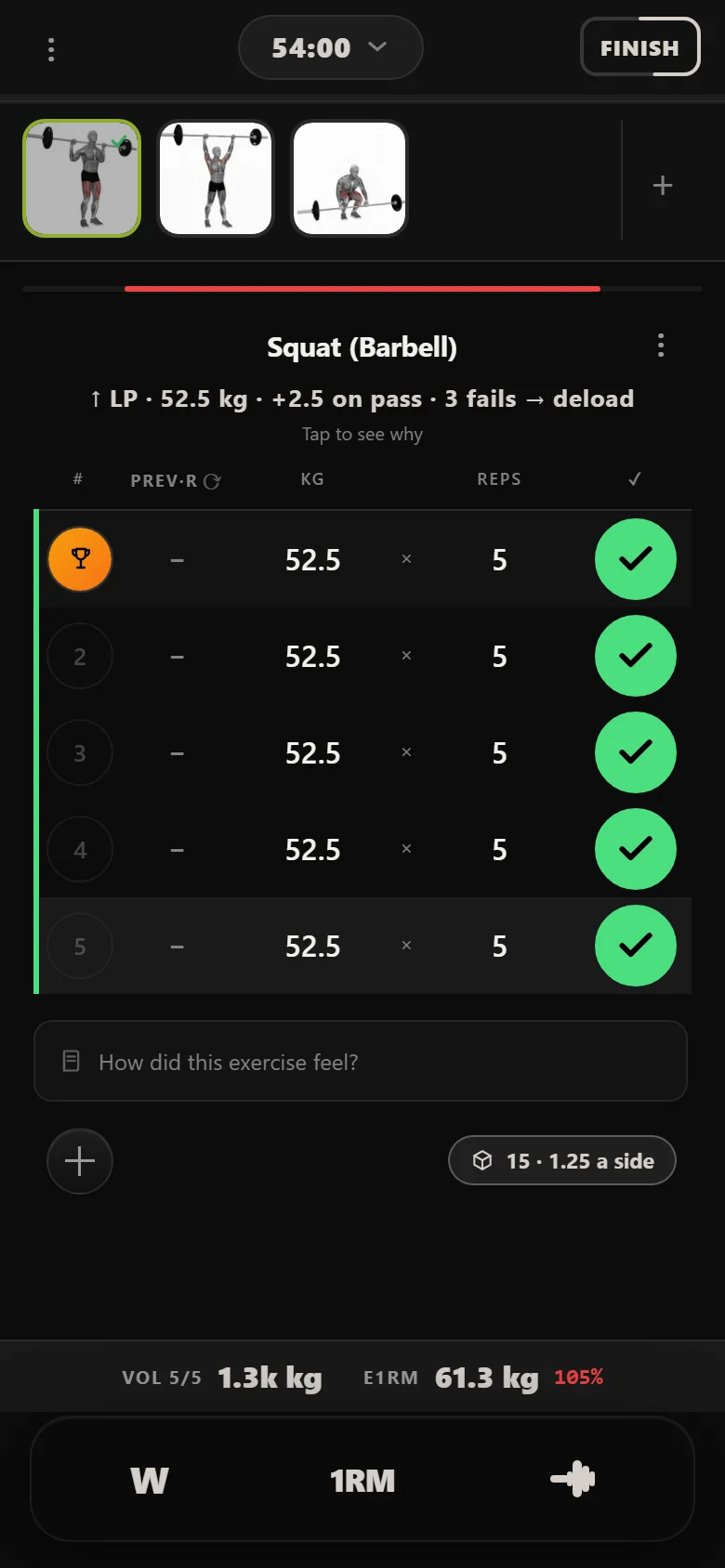 Novice 5x5 squat at 52.5 kg after six sessions