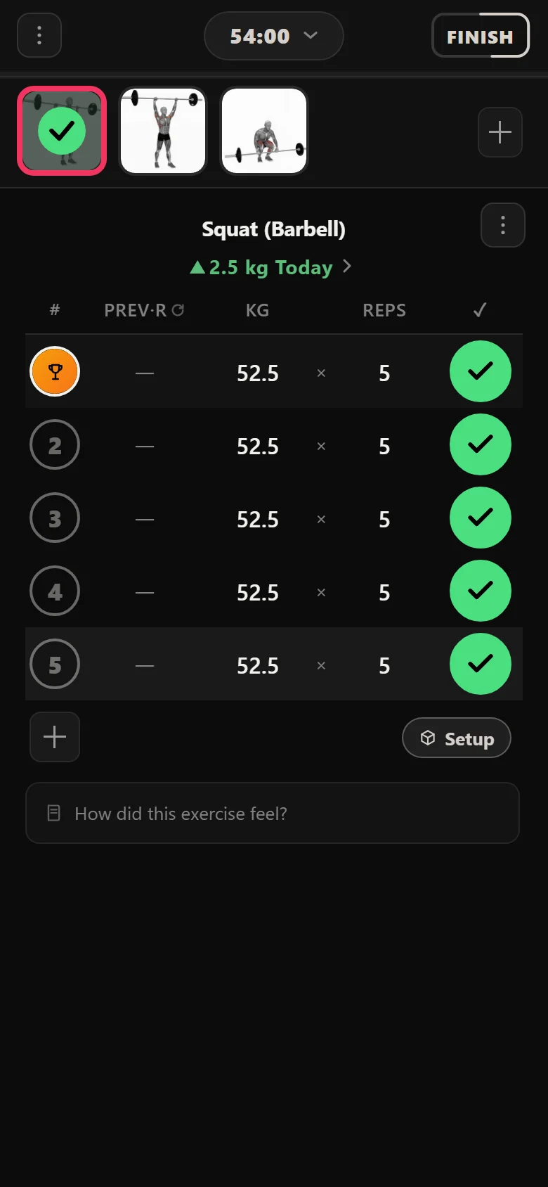 Novice 5x5 squat at 52.5 kg after six sessions
